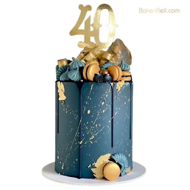 Special Fourty Macaron Cake in Blue color with drip chocolate