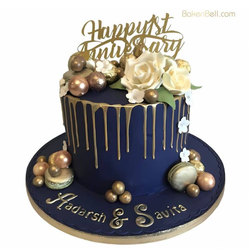 Luxury Anniversary navy blue cake with golden chocolate and macaron decor