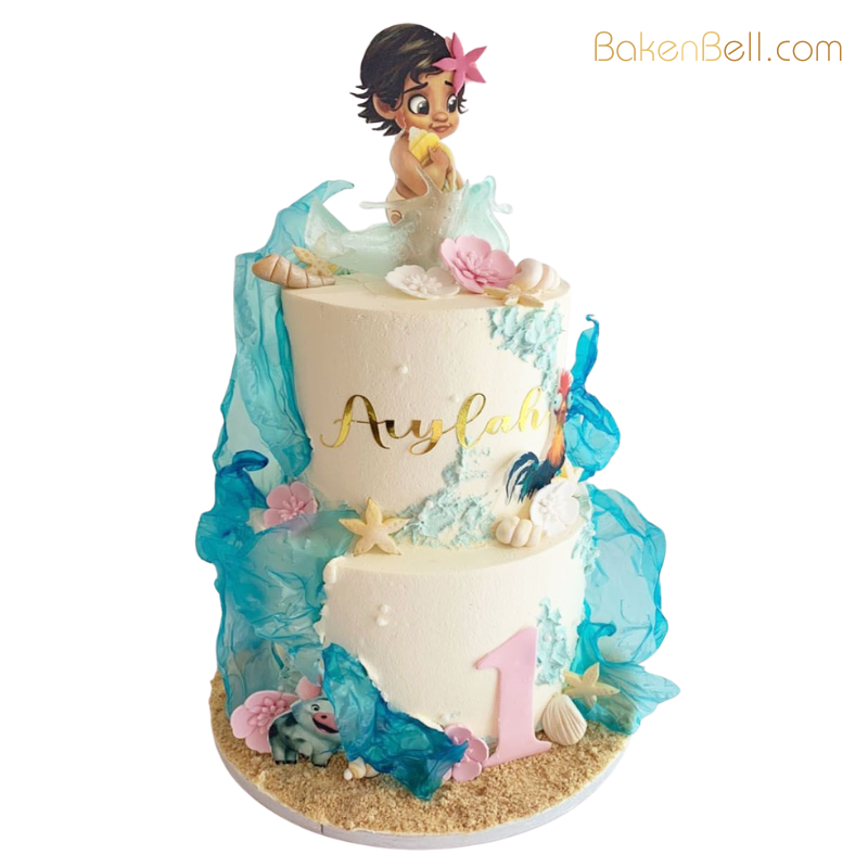 5kg 1200 Two-Tier Baby Moana & Ocean Waves Cake - Image 1
